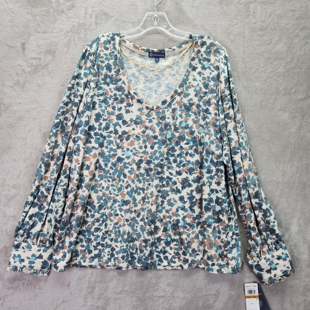 Democracy Womens 3X V Neck Long Sleeve All Over Floral Print Top Blouse Office